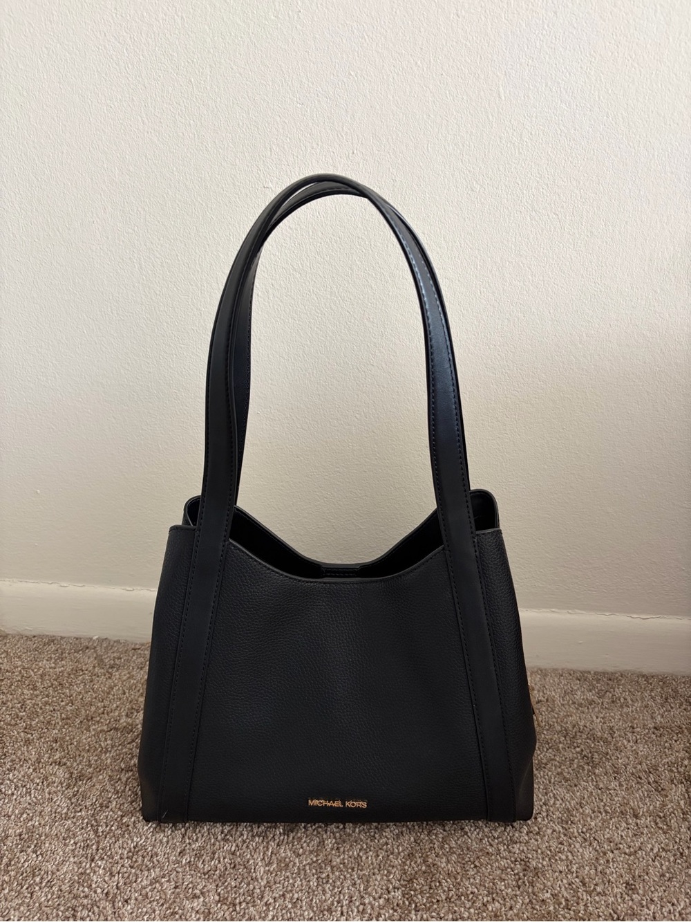 Michael Kors Black Leather Shoulder Tote with Gold Logo Accent